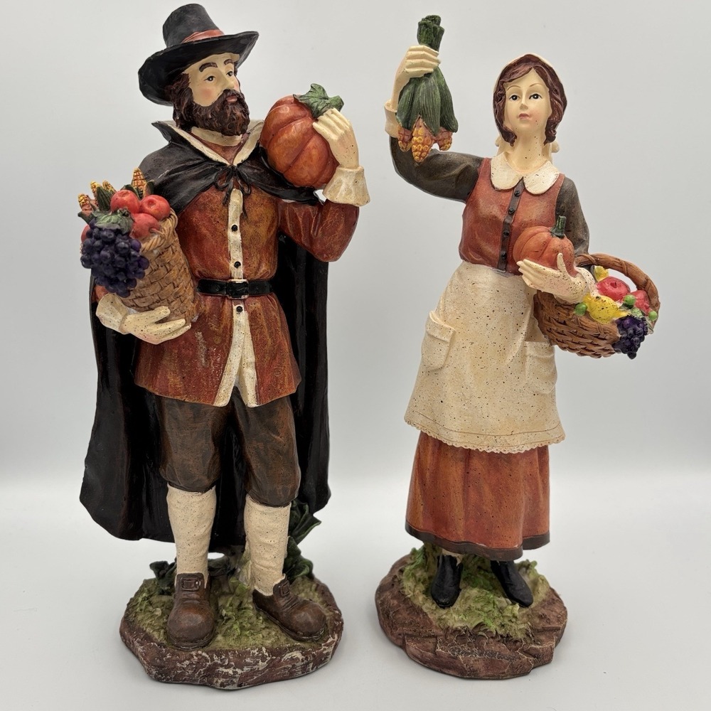 Thanksgiving Pilgrim Figurines Man and Woman Harvest Folk Art Resin Wood Look